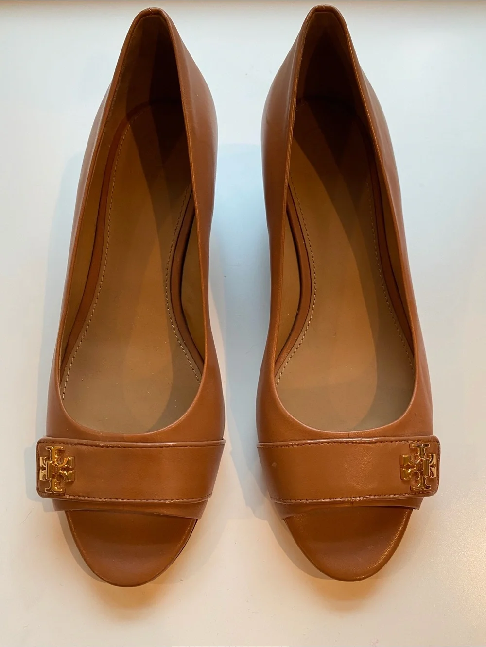 Tory Burch peep toe in camel with wood grain wedge